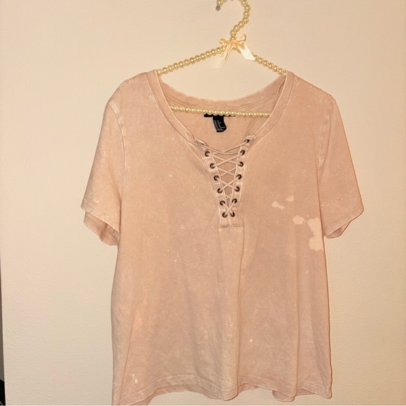 Forever 21 Tops - Forever 21 Lace-Up Beige Short Sleeve Top